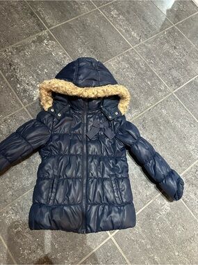 H&M Navy Puff Jacket with Faux Fur Trim Hood